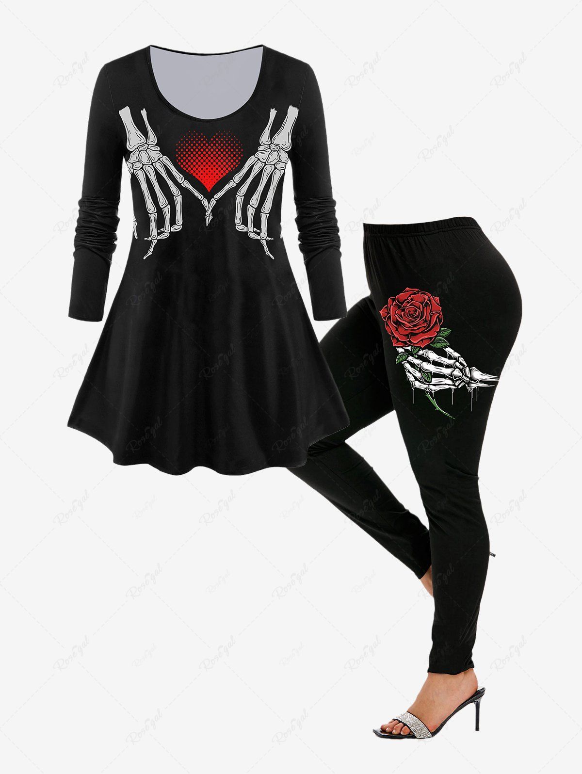 Outfits Heart Skeleton Printed Long Sleeves Tee and Rose Skeleton Skinny Leggings Outfit  