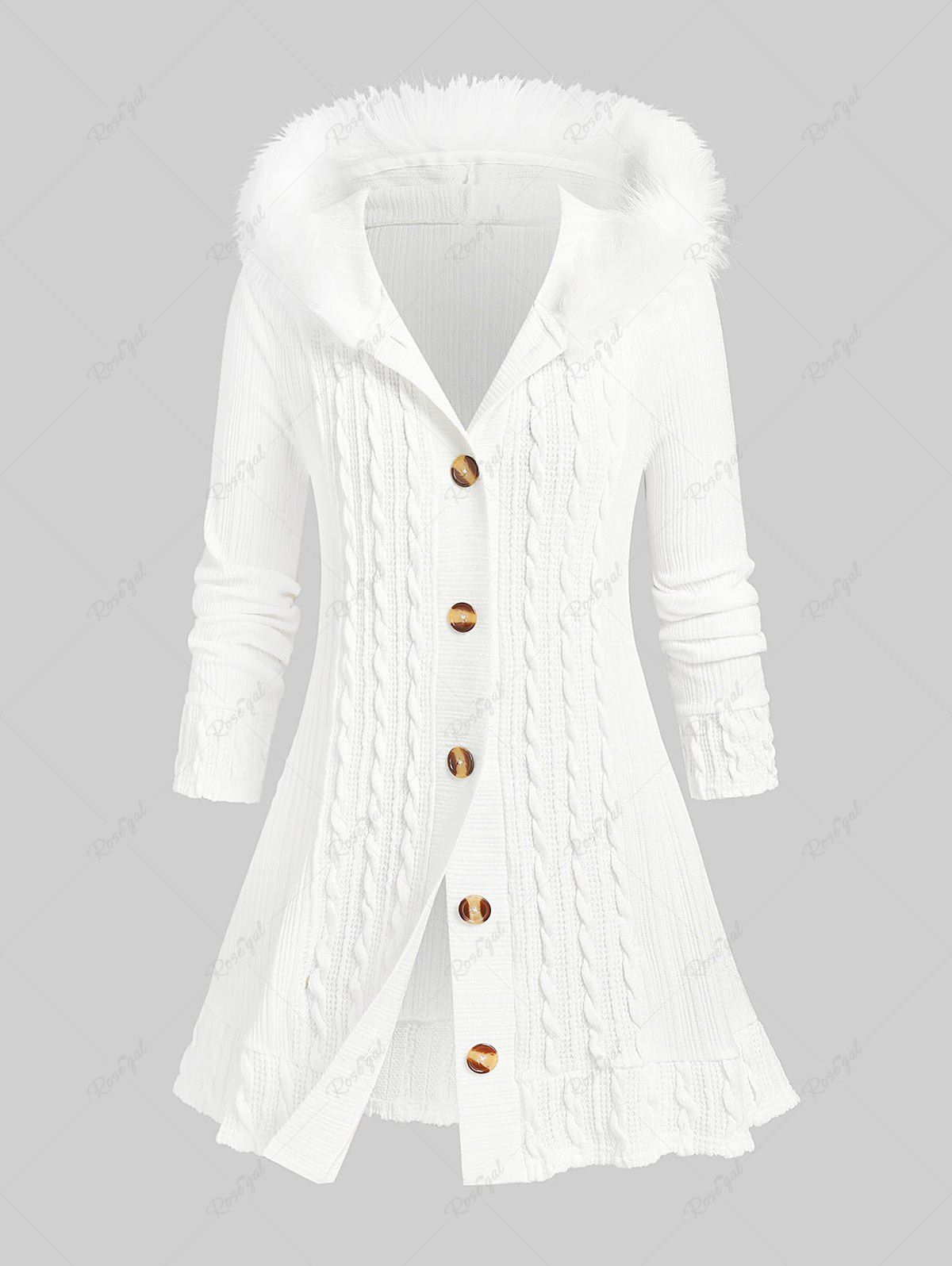Affordable Plus Size Fuzzy Trim Hooded Cable Knit Cardigan  