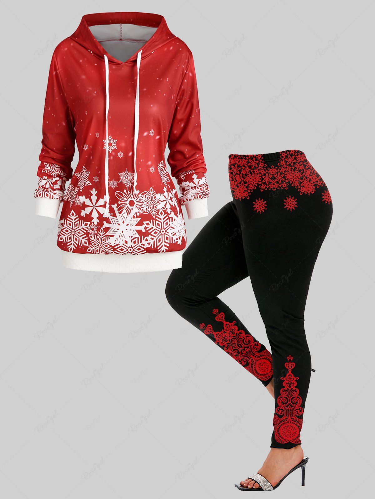 Discount Snowflake Print Christmas Hoodie and Graphic Leggings Plus Size Christmas Outerwear Outfit  
