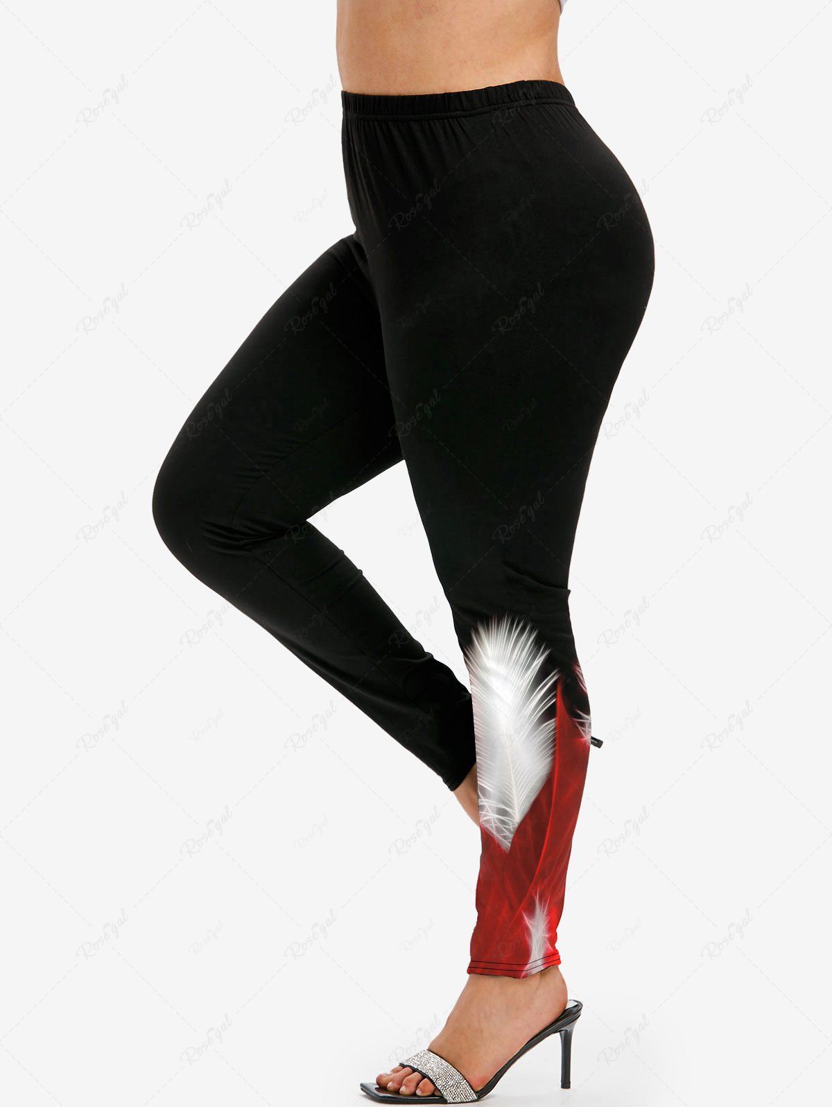 Unique Plus Size High Waist Feather Print Skinny Leggings  