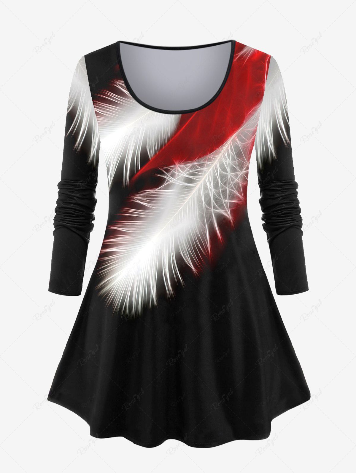 Hot Plus Size Long Sleeve Feather Print T-shirt  