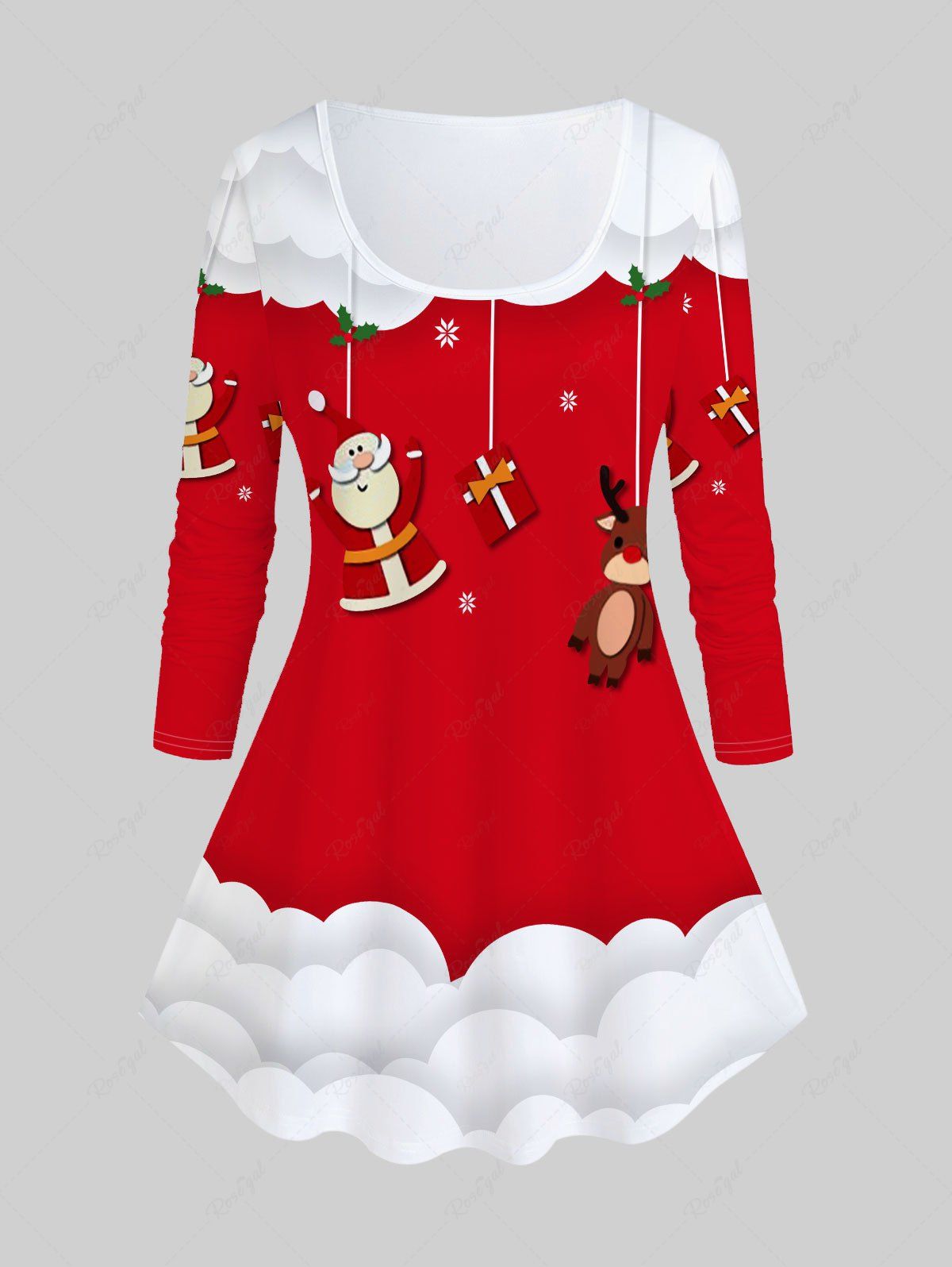 T-shirt à Imprimé Cerf et Père Noël de Grande Taille à Manches Longues Rouge 1X | US 14-16