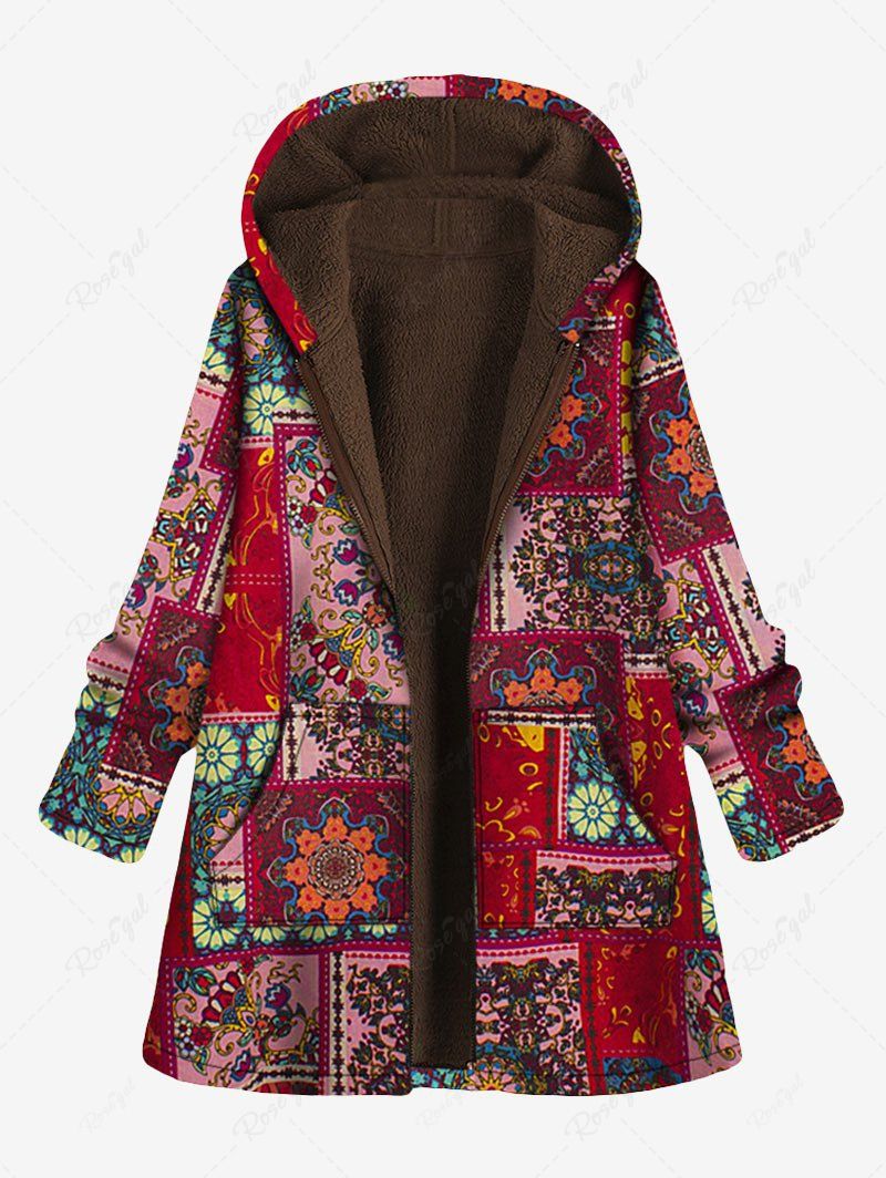 New Plus Size Hooded Patchwork Print Fluffy Lined Long Coat  