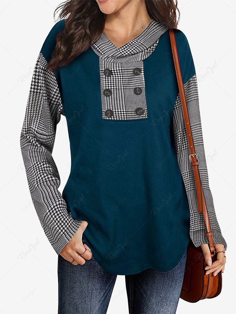 Best Plus Size Houndstooth Panel Button Decor Hooded Top  
