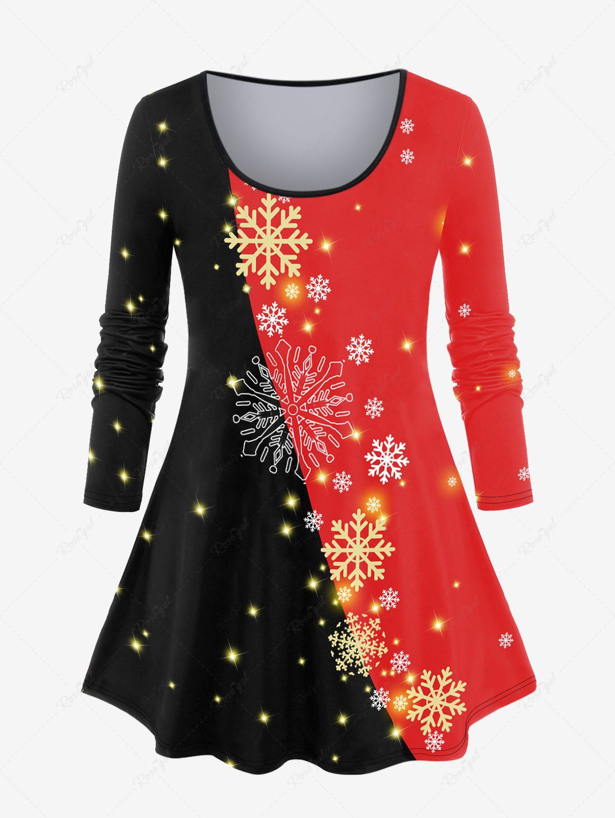 Affordable Plus Size 3D Sparkles Snowflakes Printed Colorblock Tee  