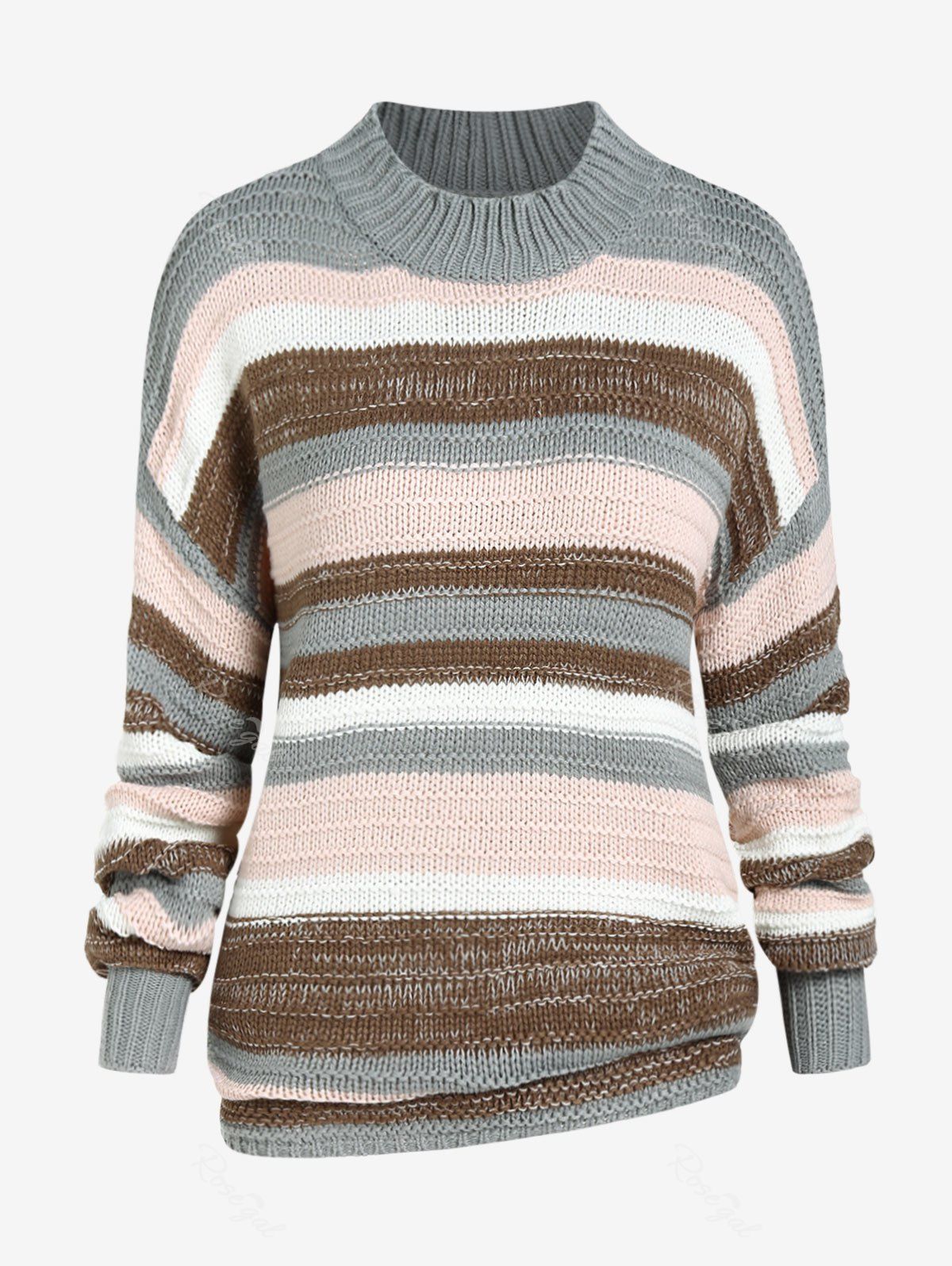 Fashion Plus Size Mock Neck Drop Shoulder Colorblock Sweater  