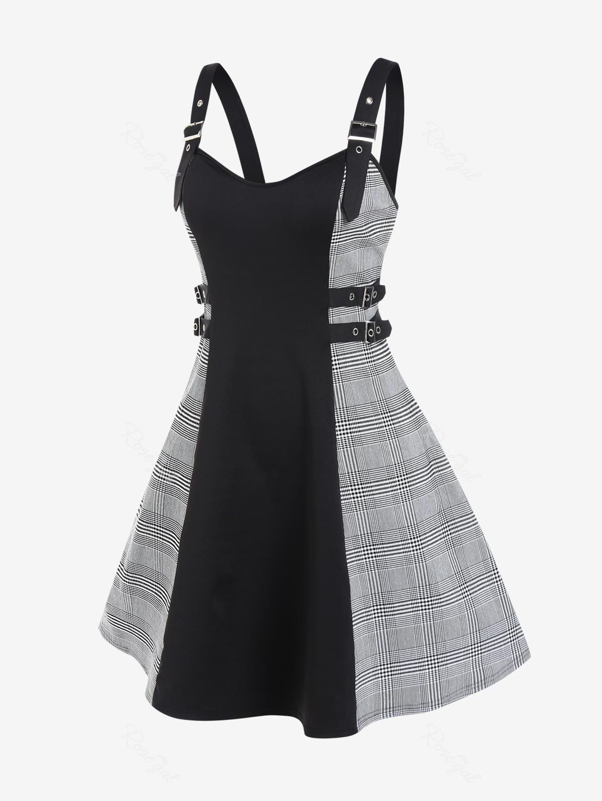 Unique Plus Size Plaid Buckles Backless Vintage Sleeveless A Line Dress  