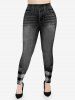 3D Denim T-shirt and Plaid Skinny Jeggings Plus Size Outfit -  