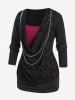 Gothic Bats Pattern Cowl Neck Chains Blouson Tee and Lace Panel Flare Pants Outfit -  