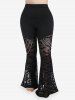 Gothic Bats Pattern Cowl Neck Chains Blouson Tee and Lace Panel Flare Pants Outfit -  
