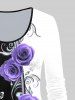 Plus Size 3D Rose Printed Colorblock Long Sleeves Tee -  