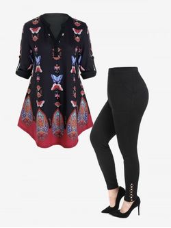 Roll Up Sleeve Butterfly Tribal Print Blouse and Pockets Leggings Plus Size Fall Outfit - MULTI