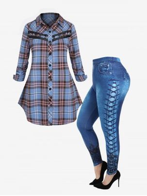 Plus Size Button Up Plaid Blouse and 3D Lace Up Denim Print Leggings Outfit
