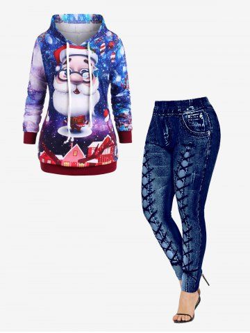 Christmas Santa Claus 3D Print Hoodie and High Waisted 3D Printed Leggings Plus Size Outerwear Outfit - BLUE