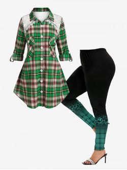 Roll Tab Sleeve Plaid Lace Panel Shirt and Skinny Leggings Plus Size Outfit - GREEN