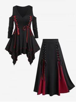Gothic Lace Up Cold Shoulder Double Layered Handkerchief Tee and Godet Hem Midi Skirt Outfit - BLACK