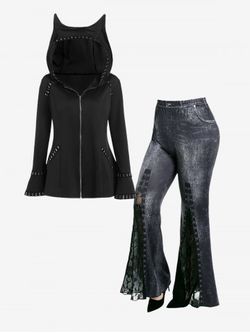 Animal Ear Hooded Studded Jacket and 3D Denim Lace Panel Bell Bottom Pants Plus Size Outfit - BLACK
