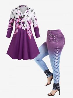 Floral Half Button Placket Shirt and 3D Denim Print Jeggings Plus Size Outfit - PURPLE
