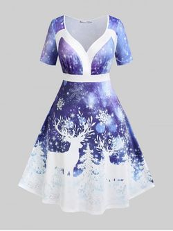 Plus Size Christmas Elk Snowflake Print Dress - BLUE - L