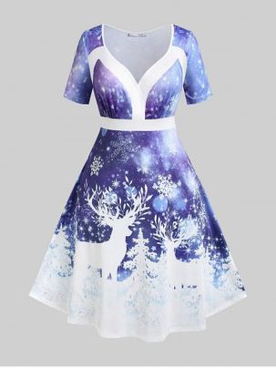 Plus Size Christmas Elk Snowflake Print Dress