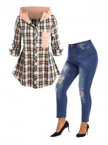 Plus Size Plaid Pocket Textured Hooded Shirt and Ripped Pencil Jeans Outfit - MULTI