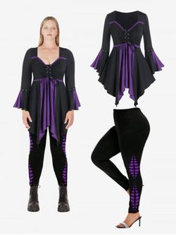 Flare Sleeves Lace Up Contrast Hanky Hem Tee and Gothic Skeleton Printed Leggings Outfit - PURPLE