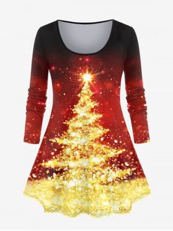 Plus Size 3D Sparkles Christmas Tree Printed Ombre Long Sleeves Tee - RED - L | US 12