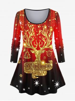 Plus Size Glitter Elk Print Christmas T-shirt