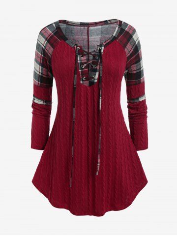 Plus Size Lace-up Plaid Panel Cable Knit Raglan Sleeve Top - DEEP RED - L | US 12
