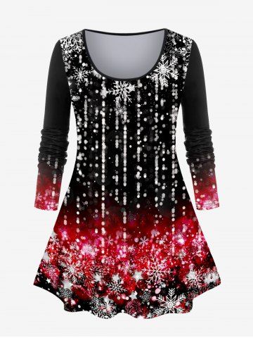 Plus Size 3D Sparkles Snowflake Lighting Printed Christmas T-shirt - BLACK - M | US 10
