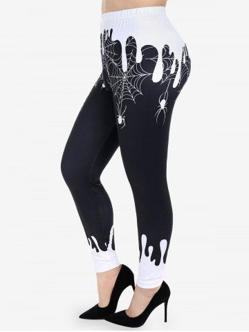Halloween Paint Drop Blobs Spider Web Colorblock Printed Skinny Leggings - BLACK - M | US 10