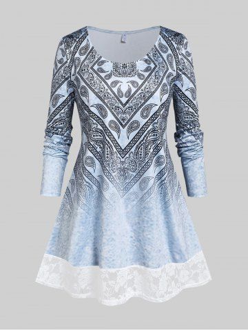 Plus Size Lace Panel Paisley Print Tee