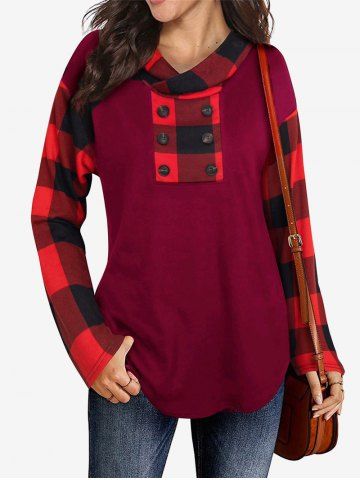 Plus Size Buttoned Checked Panel Hooded Top - DEEP RED - XL