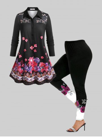 Plus Size Rose Print Half Placket Tunic Blouse and Skinny Leggings Fall Outfit - 黑色