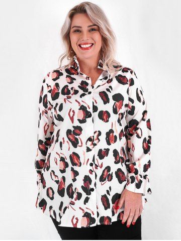 Plus Size Allover Print Ruffle Cuff Ruff Collar Tunic Blouse - WHITE - 3X