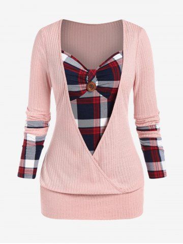 Plus Size Rib-knit Panel Checked 2 in 1 Blouson Top - LIGHT PINK - M | US 10