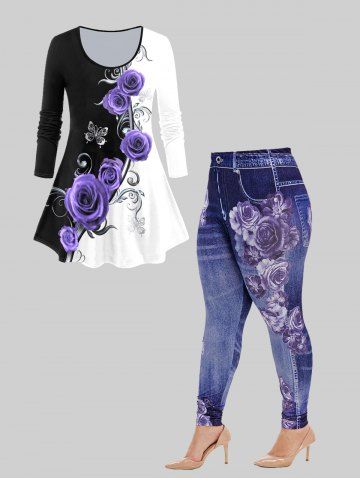 3D Rose Printed Colorblock Tee and High Rise Floral Gym 3D Jeggings Plus Size Outfit - PURPLE