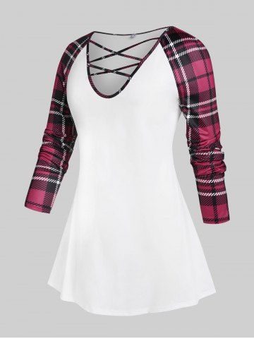 Plus Size Raglan Sleeve Crisscross Plaid Tee