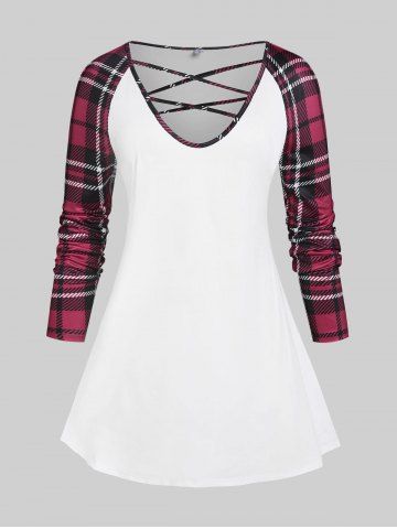Plus Size Raglan Sleeve Crisscross Plaid Tee