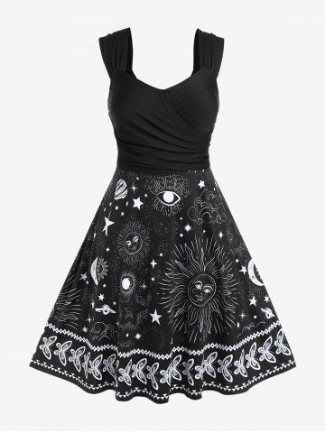 Plus Size Sun Moon Star Print Crossover Flare Dress - BLACK - 2X | US 18-20