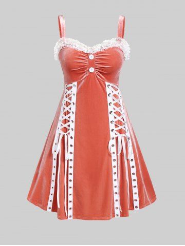 Plus Size Lace Trim Grommets Lace-up Velvet Midi Dress - LIGHT PINK - 1X | US 14-16
