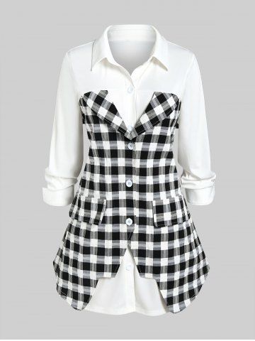 Plus Size Flap Pocket Plaid Long Sleeves 2 in 1 Shirt - WHITE - L | US 12
