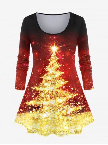 Plus Size 3D Sparkles Christmas Tree Printed Ombre Long Sleeves Tee - RED - 1X | US 14-16