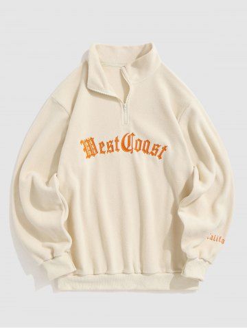 Half Zip Polar Fleece Letter Embroidered Sweatshirt - LIGHT COFFEE - XXL