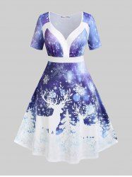 Plus Size Christmas Elk Snowflake Print Dress -  