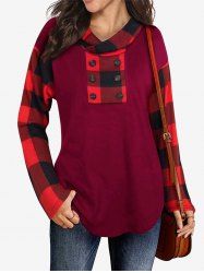 Plus Size Buttoned Checked Panel Hooded Top -  