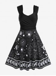 Plus Size Sun Moon Star Print Crossover Flare Dress -  