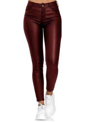 Zipper Fly Pockets Solid Color Long Skinny PU Pants -  