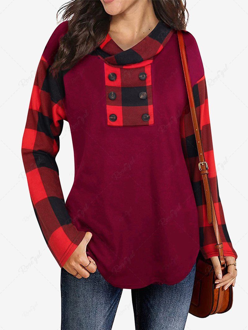 Fancy Plus Size Buttoned Checked Panel Hooded Top  