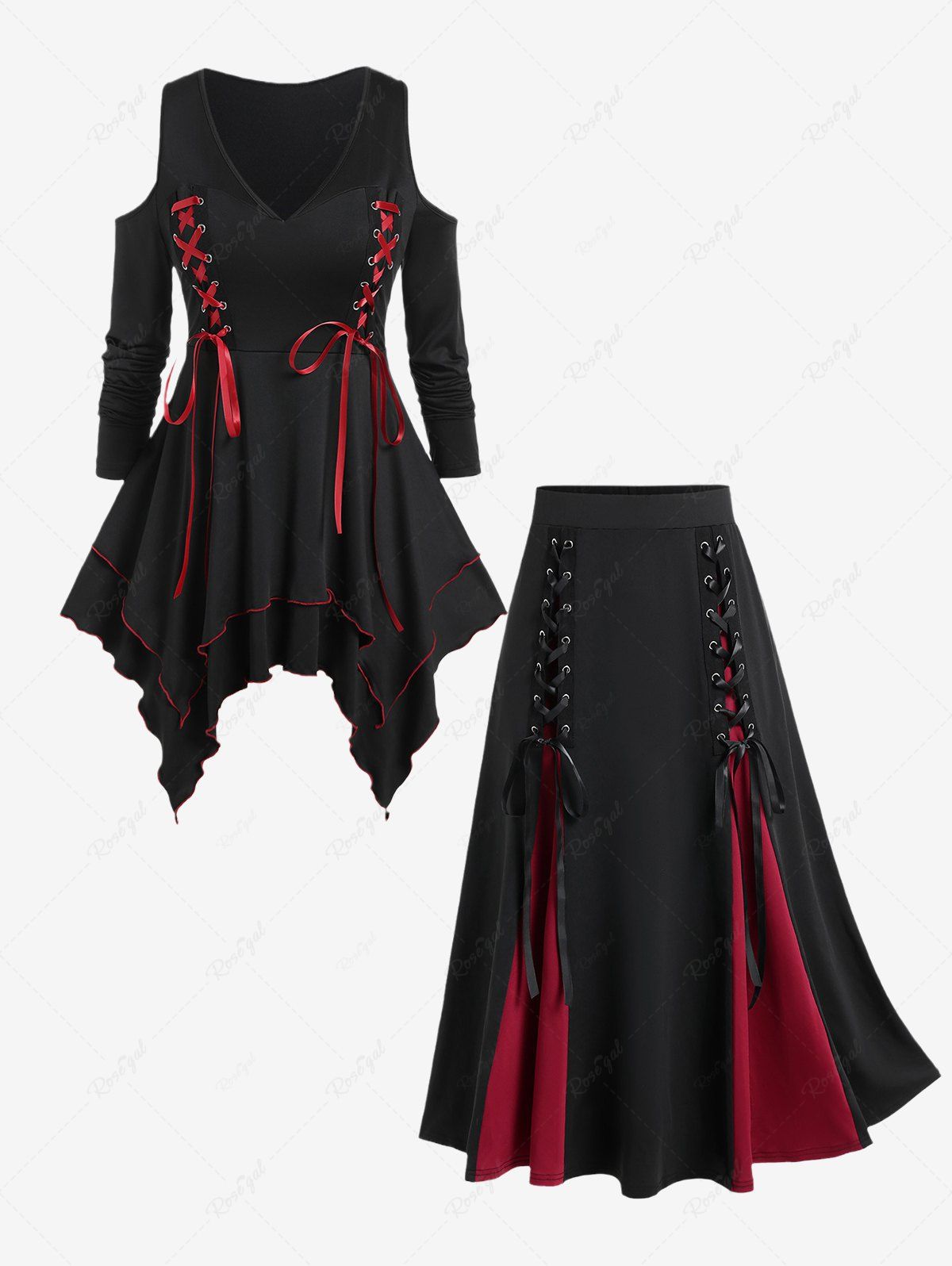Shops Gothic Lace Up Cold Shoulder Double Layered Handkerchief Tee and Godet Hem Midi Skirt Outfit  